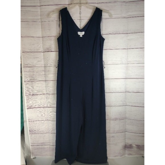 ELLE Navy Shimmer V-Neck Capri Length Pull-On Jumpsuit, Size M - Picture 1 of 8